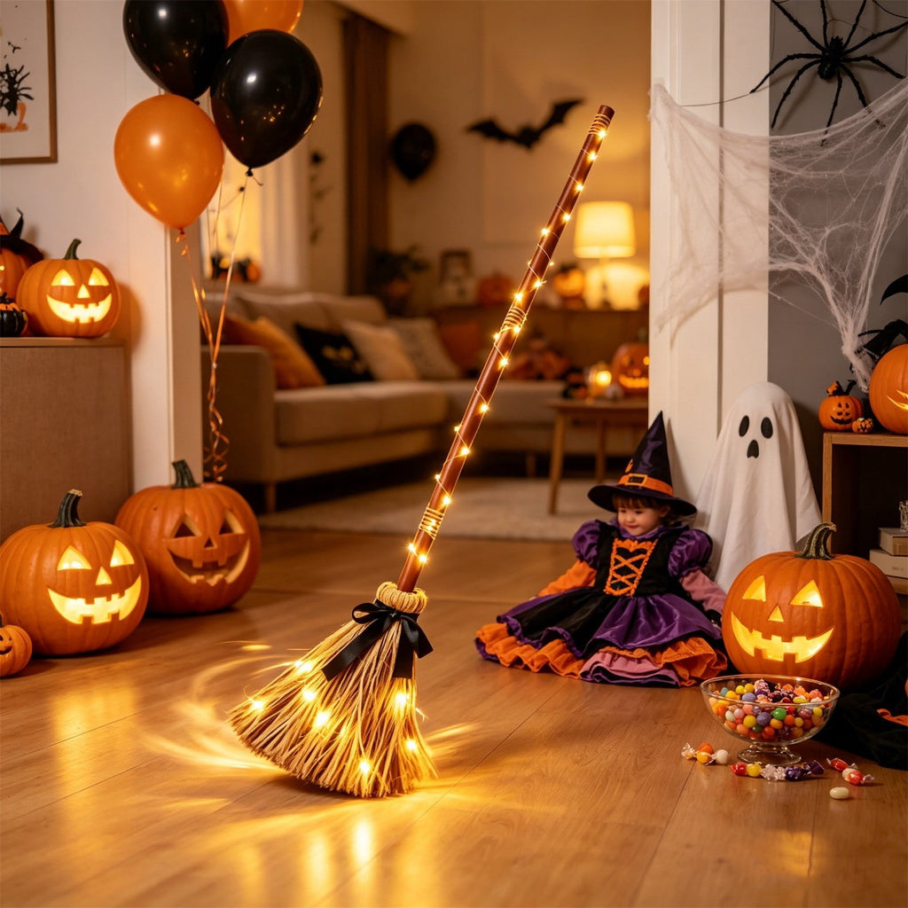 Halloween Decoration Indoor Animated Floating Witch Broom Light Up Broom with Sound Activated, Spooky Halloween Moving Witch Broom for Holiday Party Displays