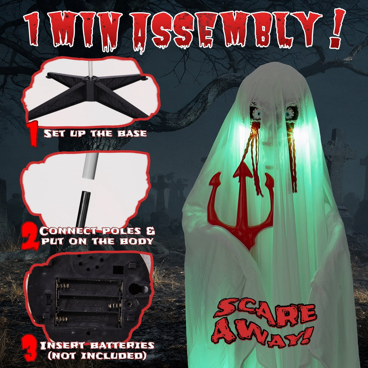 Ktaxon 4.5ft Hanging Ghost Animated Halloween Decoration Creepy Halloween Skeleton w/ Pre-Recorded Screaming, LED Eyes