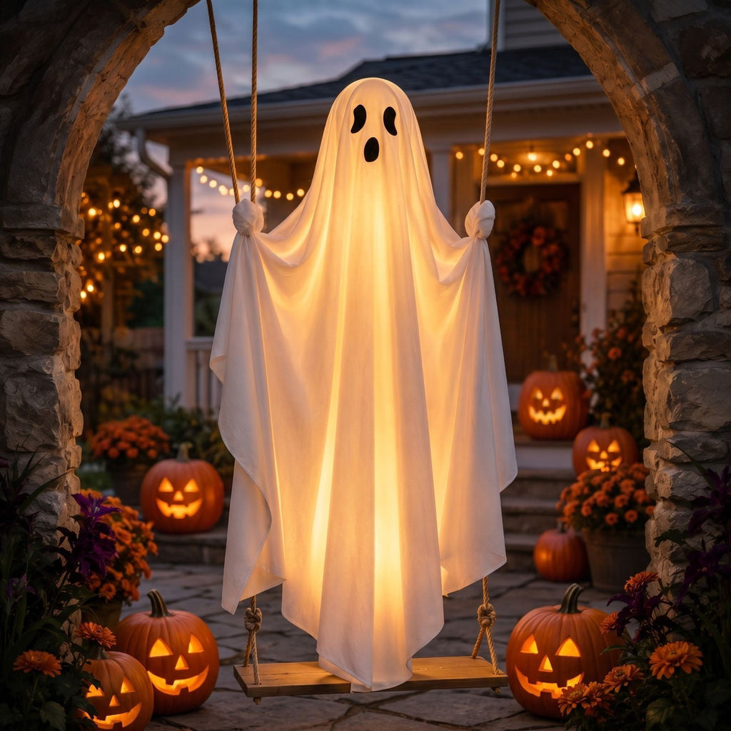 Aurorax Halloween Decorations Outdoor,Hanging Swing Ghost Decor Remote Control 4.4ft Light Up Animated Early Halloween Outdoor Decor for Yard Garden Porch