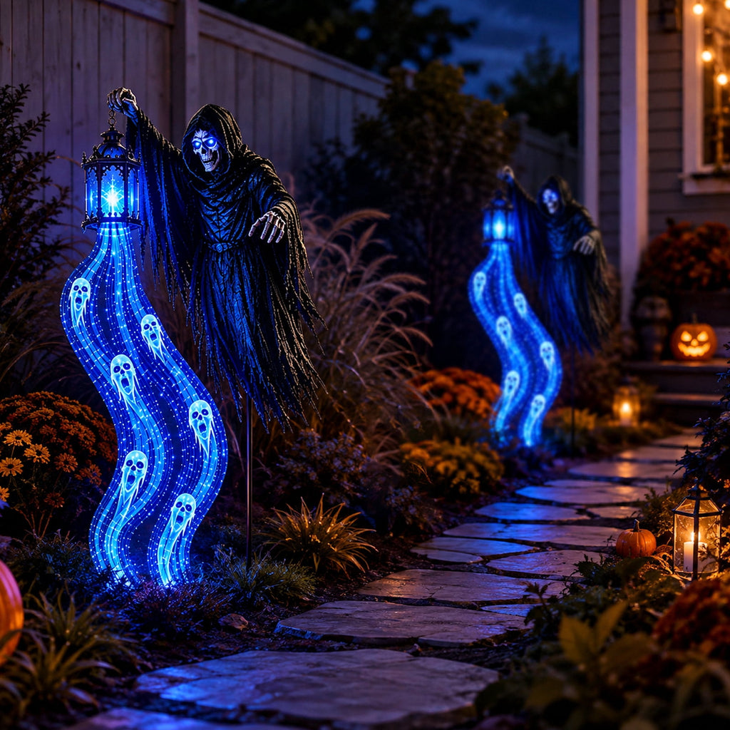 Halloween Soul Harvester Animated Garden Light, 31.5 In Solar Powered Flat Evil Skull Stake Light with Flowing Blue LED Ghost Effect, Waterproof Outdoor Decor for Lawn Yard Pathway Layout, 1Pc