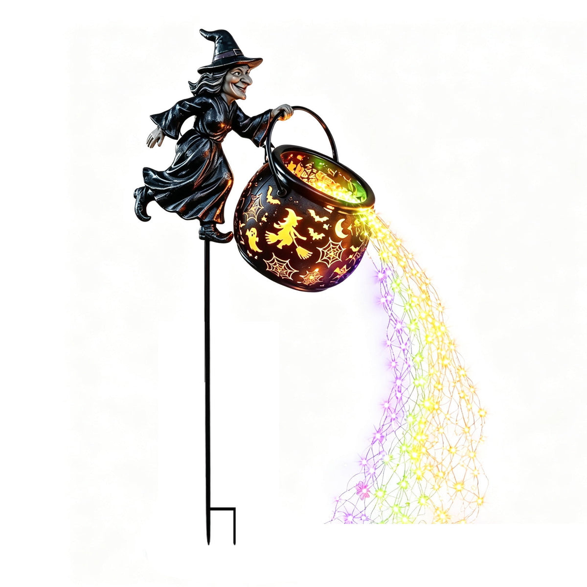 Solar Halloween Metal Moon Black Cat Garden Stake with LED Pumpkin Lantern, Light Up Star Bat Yard Decor Stake, Spooky Outdoor Lawn Pathway Halloween Decoration