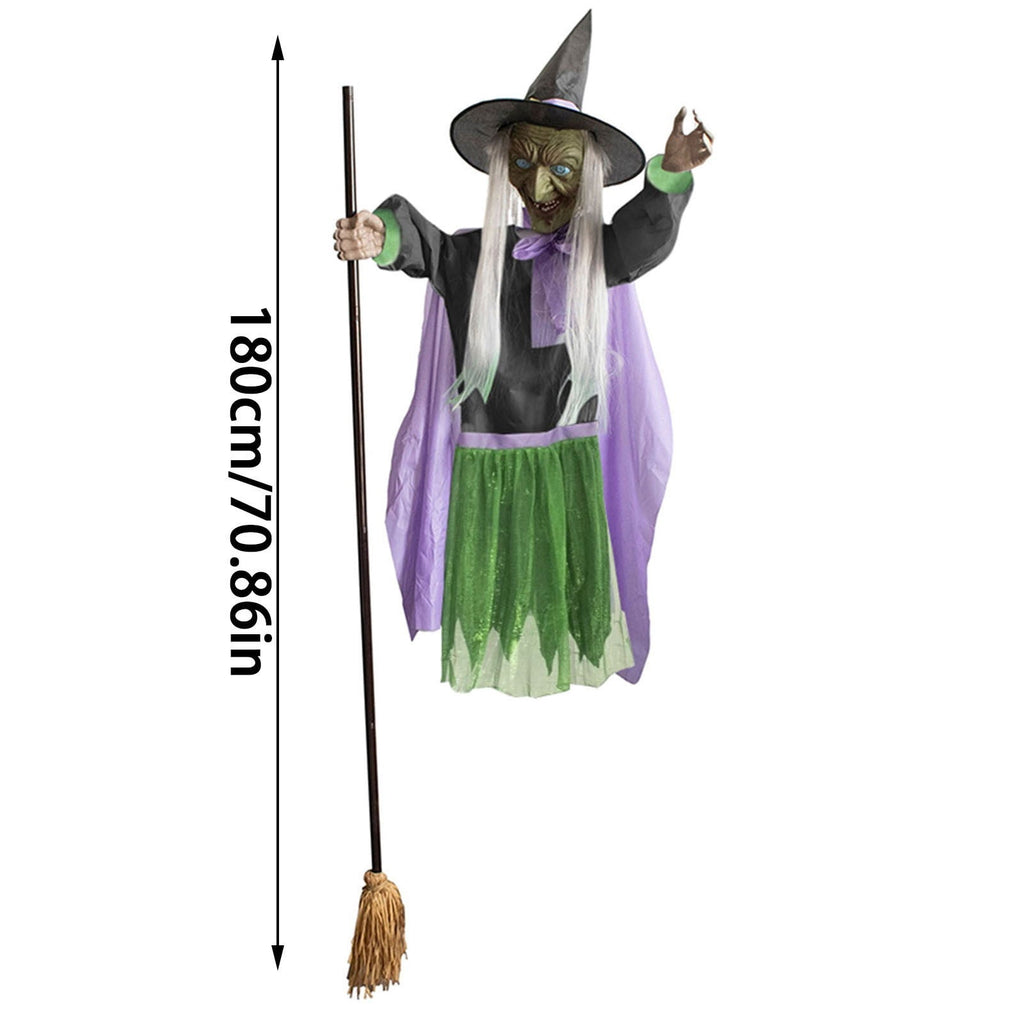 Animated Flying Witch Prop 70.86" - Light Up Sound Halloween Decoration with Broomstick for Indoor Outdoor Green
