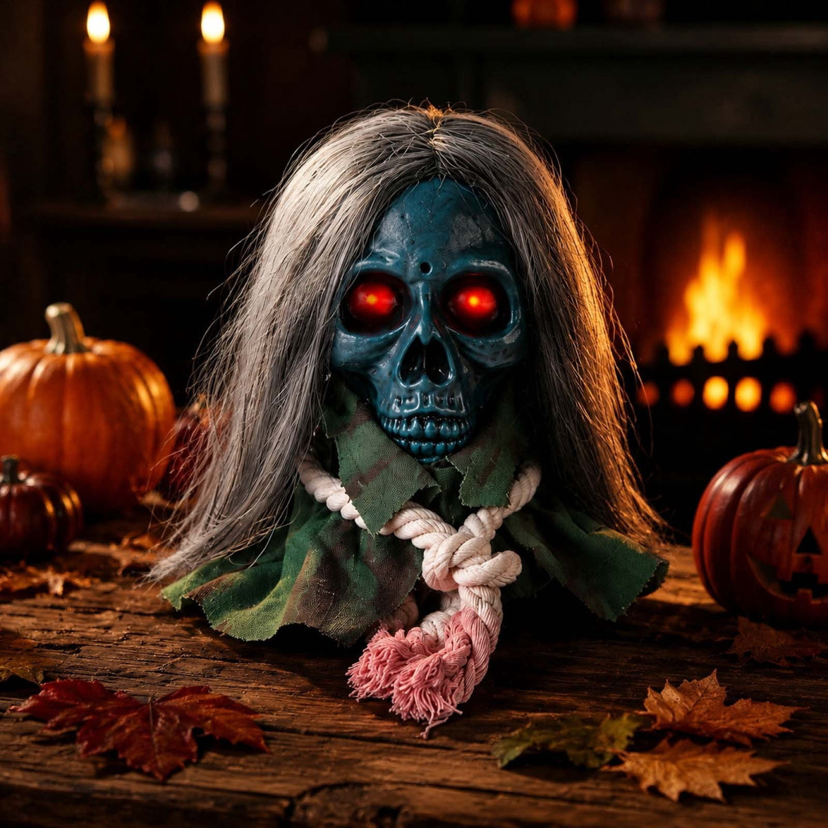 Moving Long Hair Hanging Skull Head Prop, Creepy Animated Halloween Skeleton Decor, Spooky Ornament for House, Party, Indoor Outdoor (Batteries Not Included)