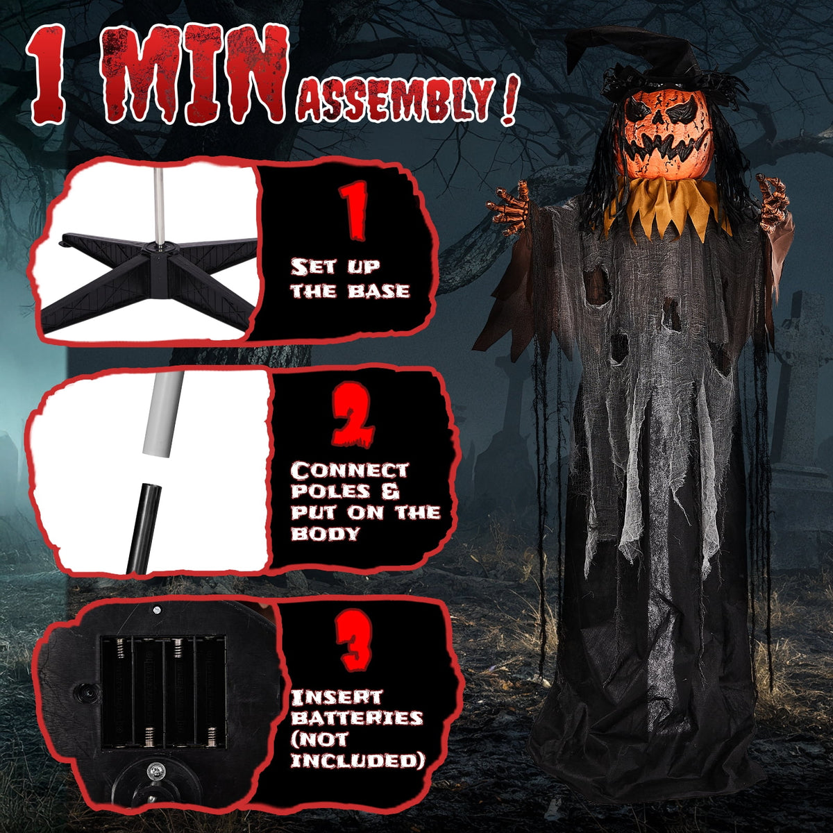 Ktaxon 6ft Pumpkin Man Animated Animatronic Decoration Creepy Halloween w/ Classic Cape Creepy Cloaked Jack-o'-Lantern for Porch & Yard