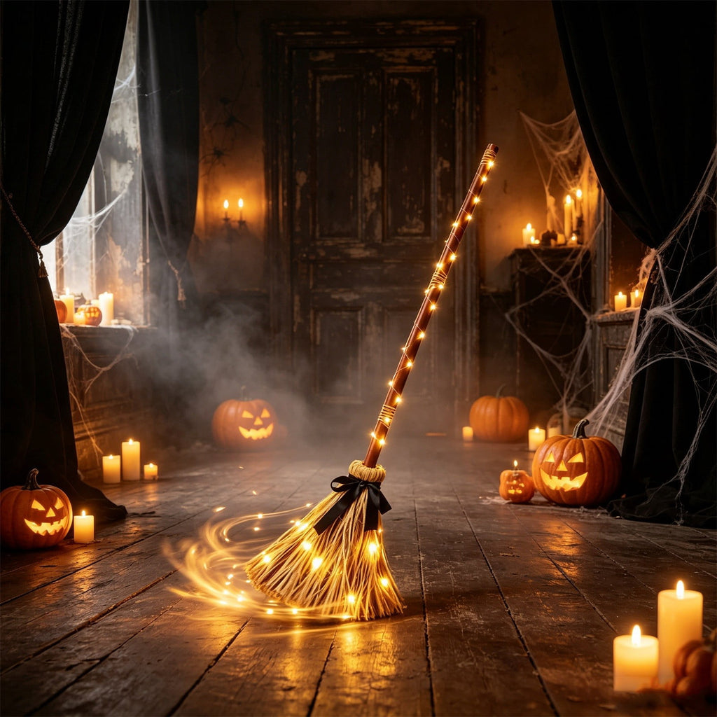 Clearance Gunhay Halloween Witches Broom Decor, 37.4" Animated Floating Broomstick for Spooky Sounds, Light-up Dancing Magic Witch Broom, Rustic Farmhouse Decoration for Indoor Outdoor