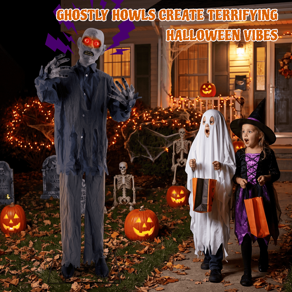76-Inch Animated Standing Zombie Halloween Decoration with Red Glowing Eyes, Swaying Motion, Spooky Sounds and Metal Stand