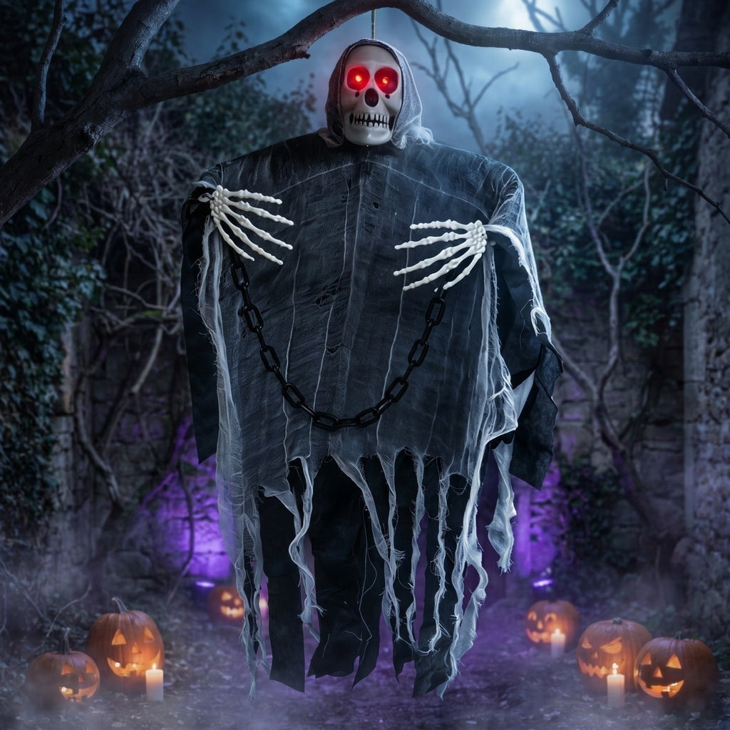 Animated Hanging Skeleton Halloween Prop with LED Light and Sound Control for Indoor Outdoor Party Decoration Halloween Outdoor Decorations