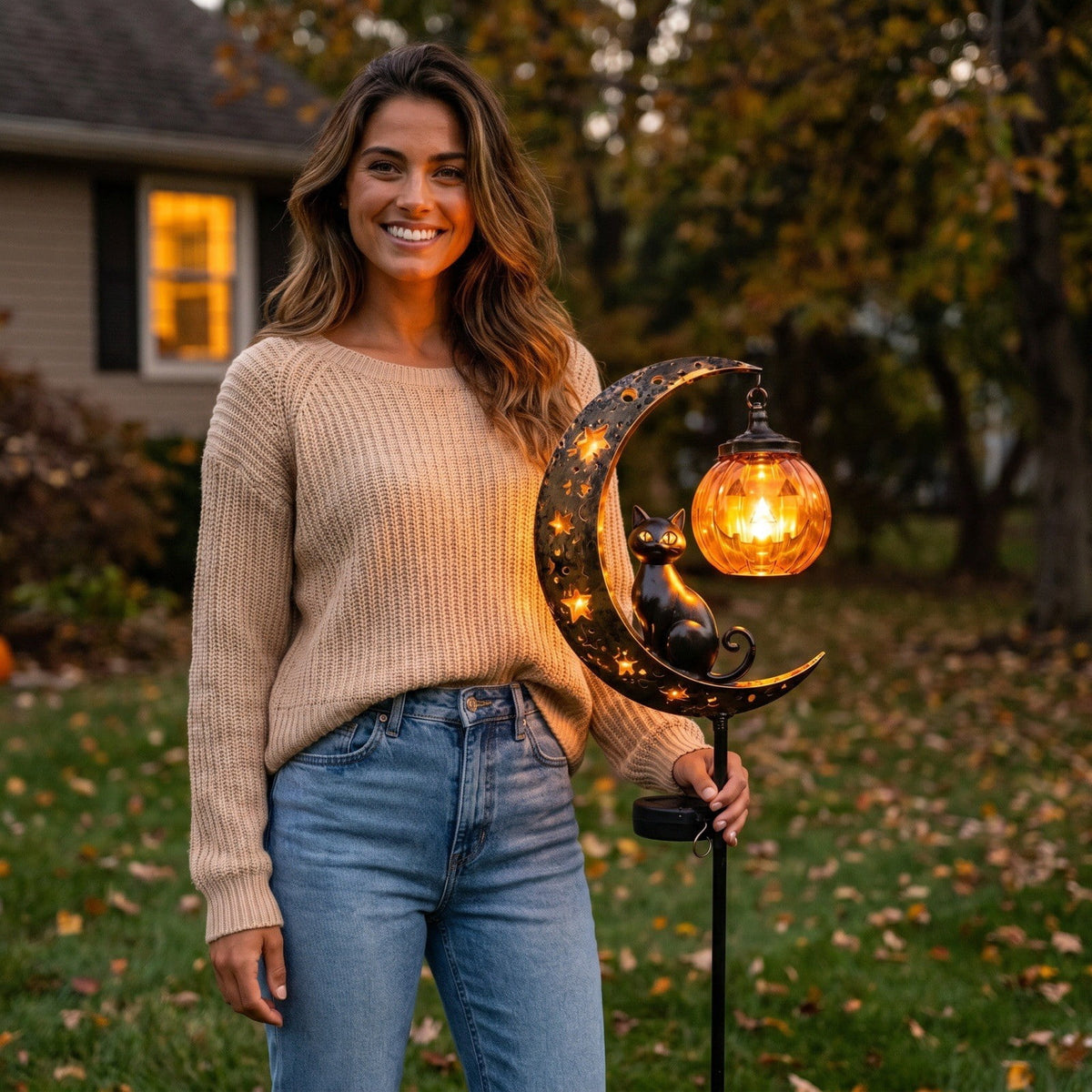 Solar Halloween Metal Moon Black Cat Garden Stake with LED Pumpkin Lantern, Light Up Star Bat Yard Decor Stake, Spooky Outdoor Lawn Pathway Halloween Decoration