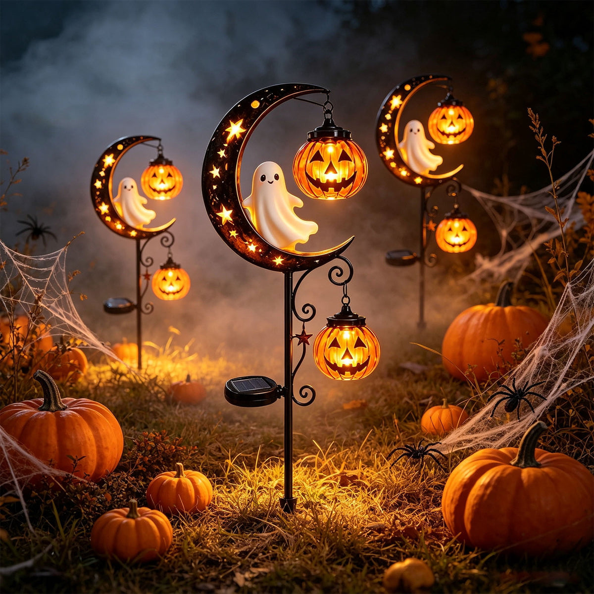 Solar Halloween Metal Moon Black Cat Garden Stake with LED Pumpkin Lantern, Light Up Star Bat Yard Decor Stake, Spooky Outdoor Lawn Pathway Halloween Decoration