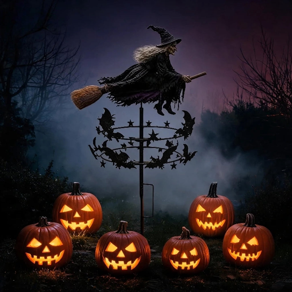 The Enchanted Witch Garden Wind Spinner, Halloween Garden Stake Decoration with Witch & Bat, for Garden, Patio, Pathway Decoration, 1pc