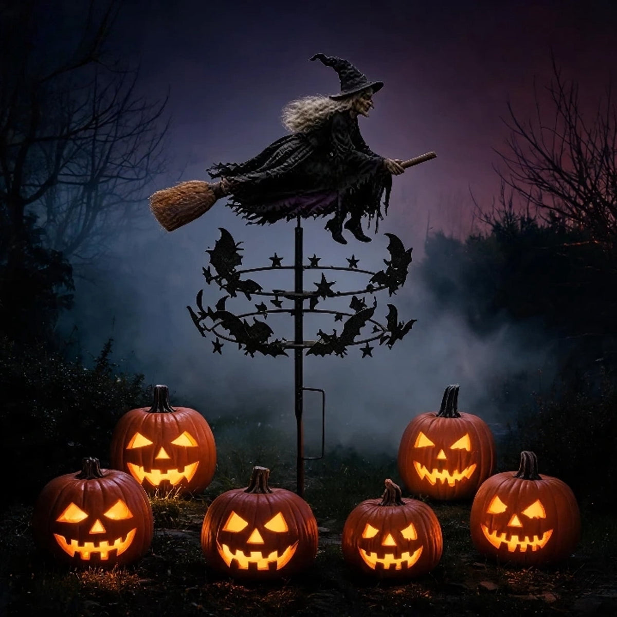 The Enchanted Witch Garden Wind Spinner, Halloween Garden Stake Decoration with Witch & Bat, for Garden, Patio, Pathway Decoration, 1pc