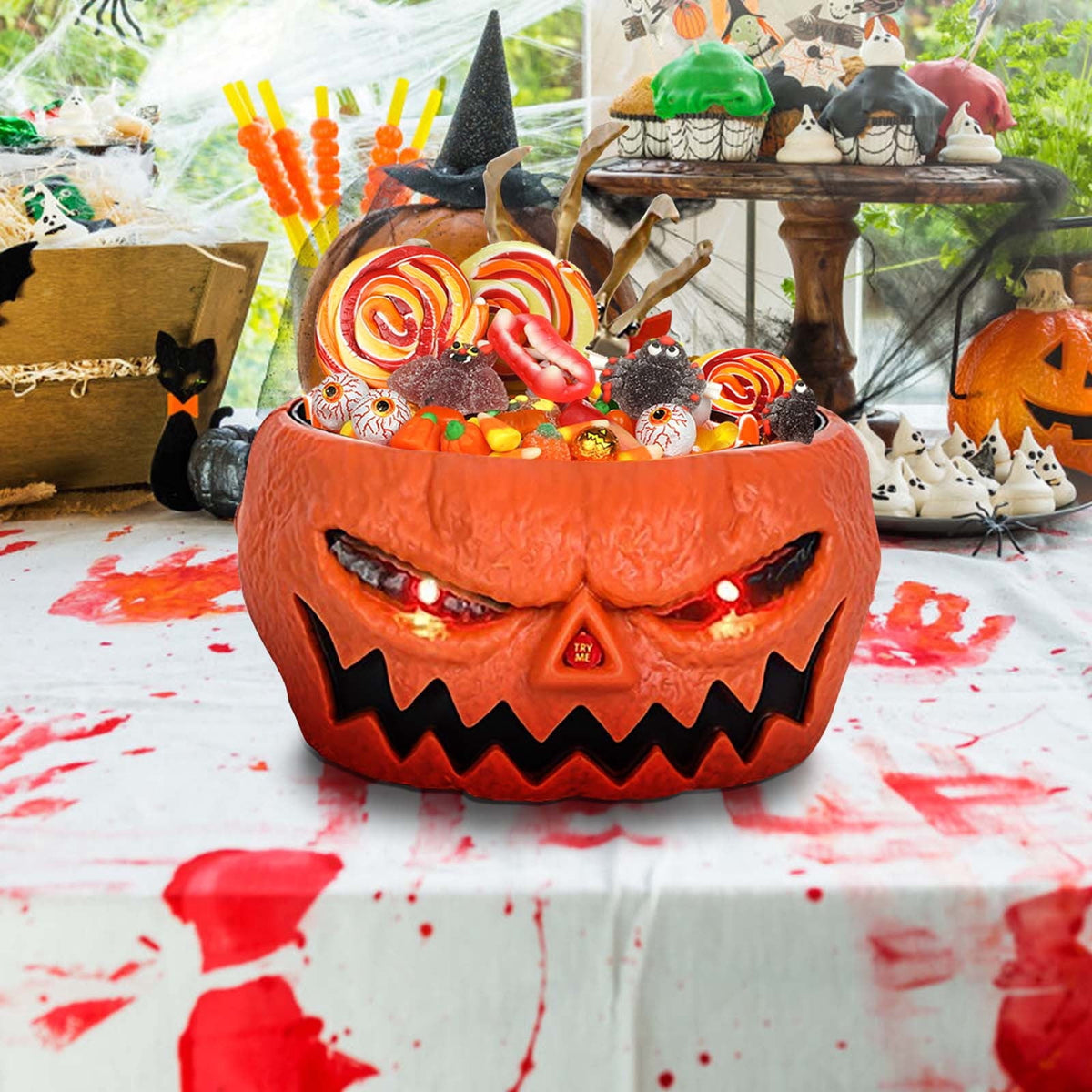 XIA0LE Halloween Candy Bowl Animated Pumpkin Candy Bowl With Moving Skeleton Hand Creepy Sound And Red Eyes For Halloween Decorations Indoors And Trick Or Treats (B)