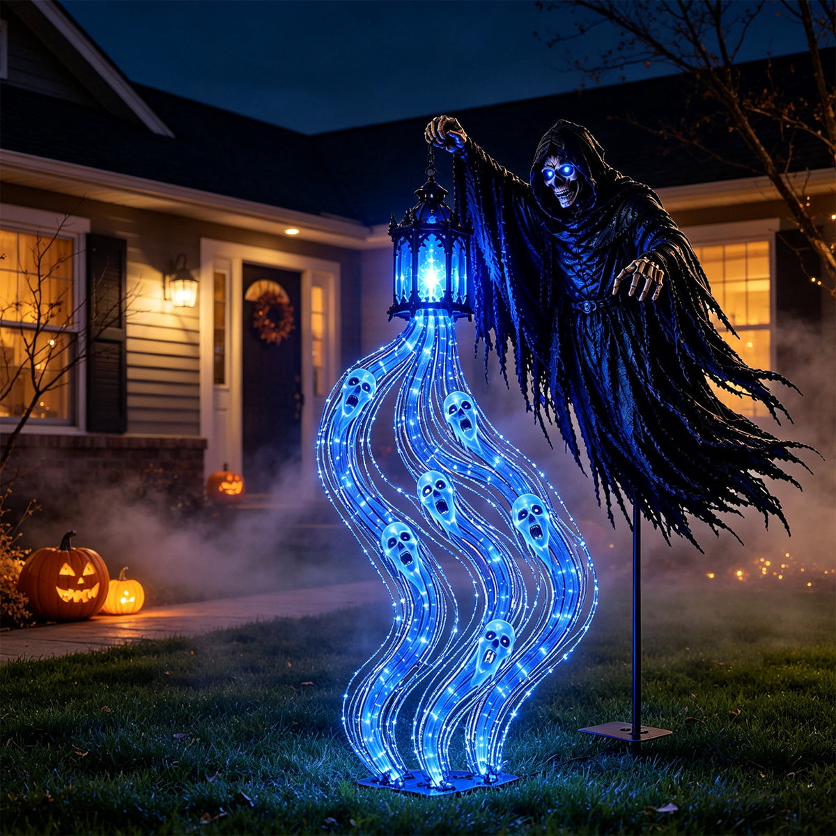 Sulaicai Halloween Soul Harvester Animated Garden Light, Spooky Reaper Ghost Yard Stake with Blue LED Lights, Outdoor Halloween Decor for Lawn, Pathway & Porch