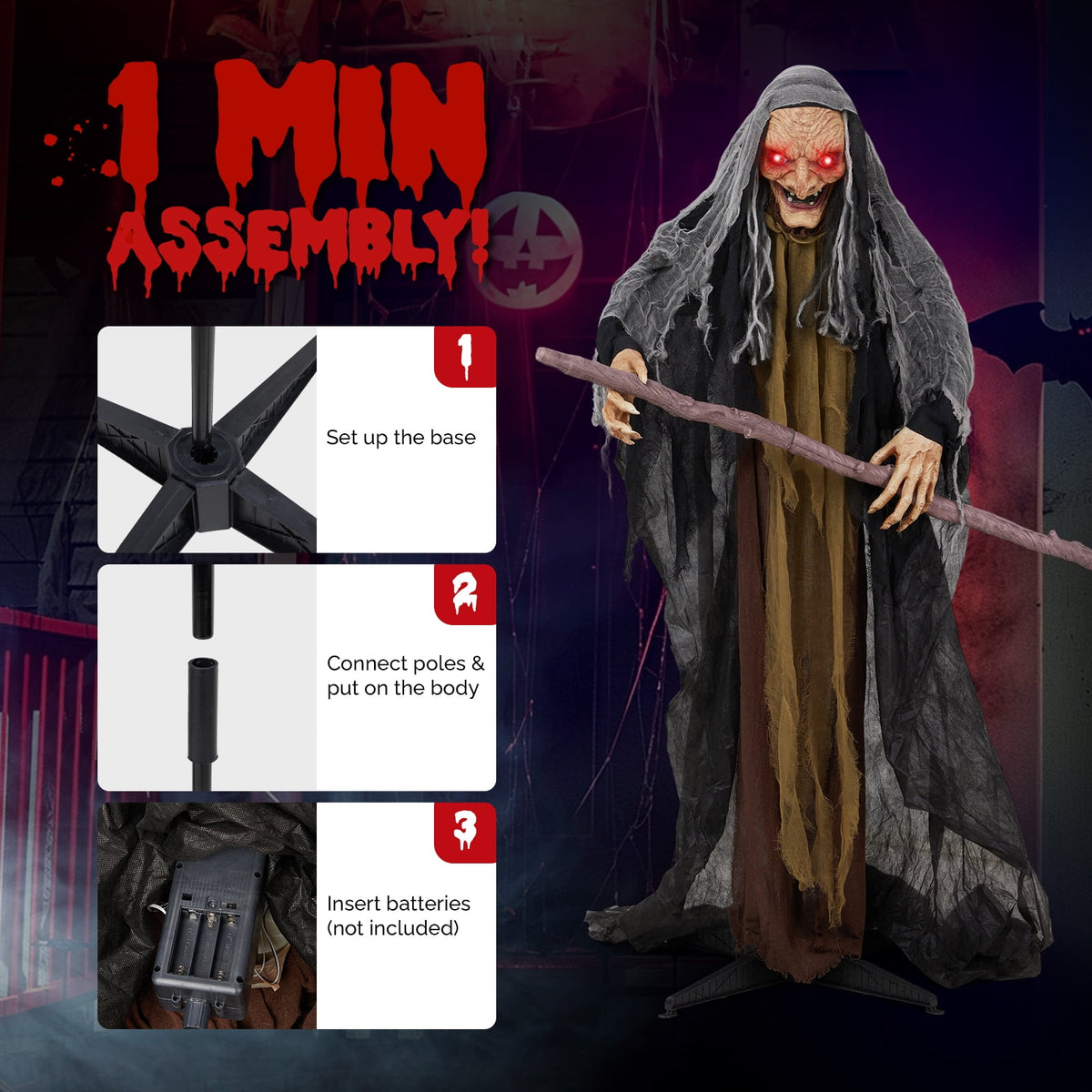Ktaxon 5.3ft Witch Animated Animatronic Decoration Creepy Halloween Witch w/ Pre-Recorded Screaming