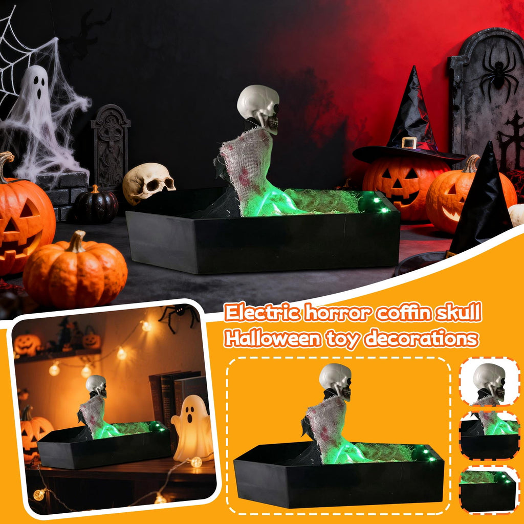 Animated Skeleton in Coffin Halloween Prop with LED Light Up Feature for Indoor and Outdoor Decorative Use