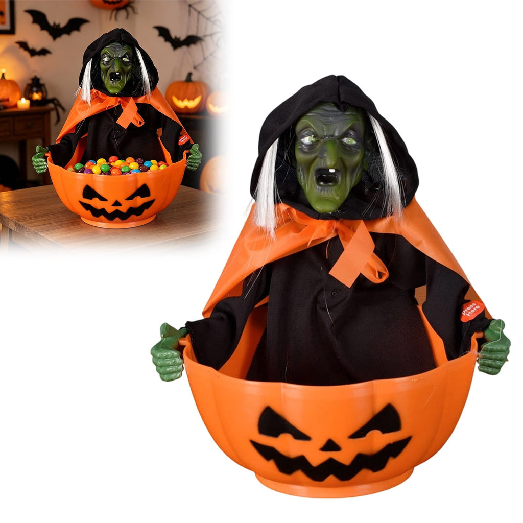 Halloween Candy Bowl, Animated Skeleton Candy Dish with Motion Activated Screaming Witch, Light Up Red Eyes Sound, Festive Serving Bowl for Party, Table, Home Decorative Display, 11"x10.6"