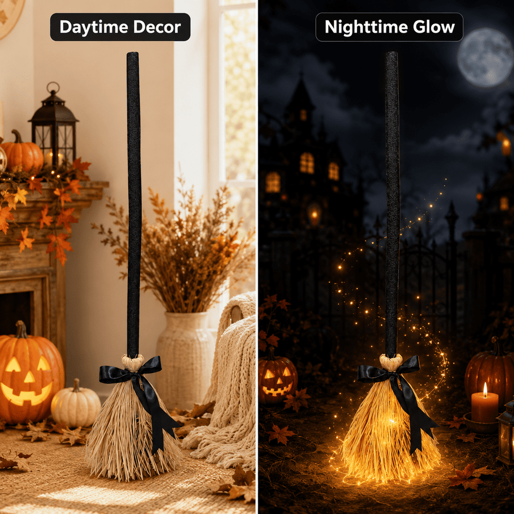 Halloween Animated Light Up Witch Broom, 40 Inch Moving Halloween Broom Prop, Spooky Dancing Decor for Yard Haunted House Party