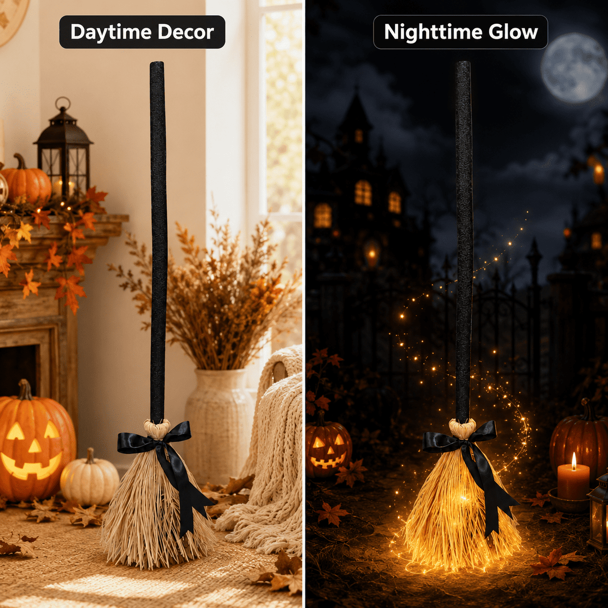 Halloween Animated Light Up Witch Broom, 40 Inch Moving Halloween Broom Prop, Spooky Dancing Decor for Yard Haunted House Party