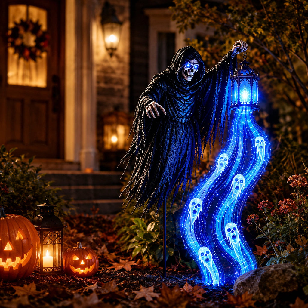 Halloween Soul Harvester Animated Garden Light, 31.5 In Solar Powered Flat Evil Skull Stake Light with Flowing Blue LED Ghost Effect, Waterproof Outdoor Decor for Lawn Yard Pathway Layout, 1Pc