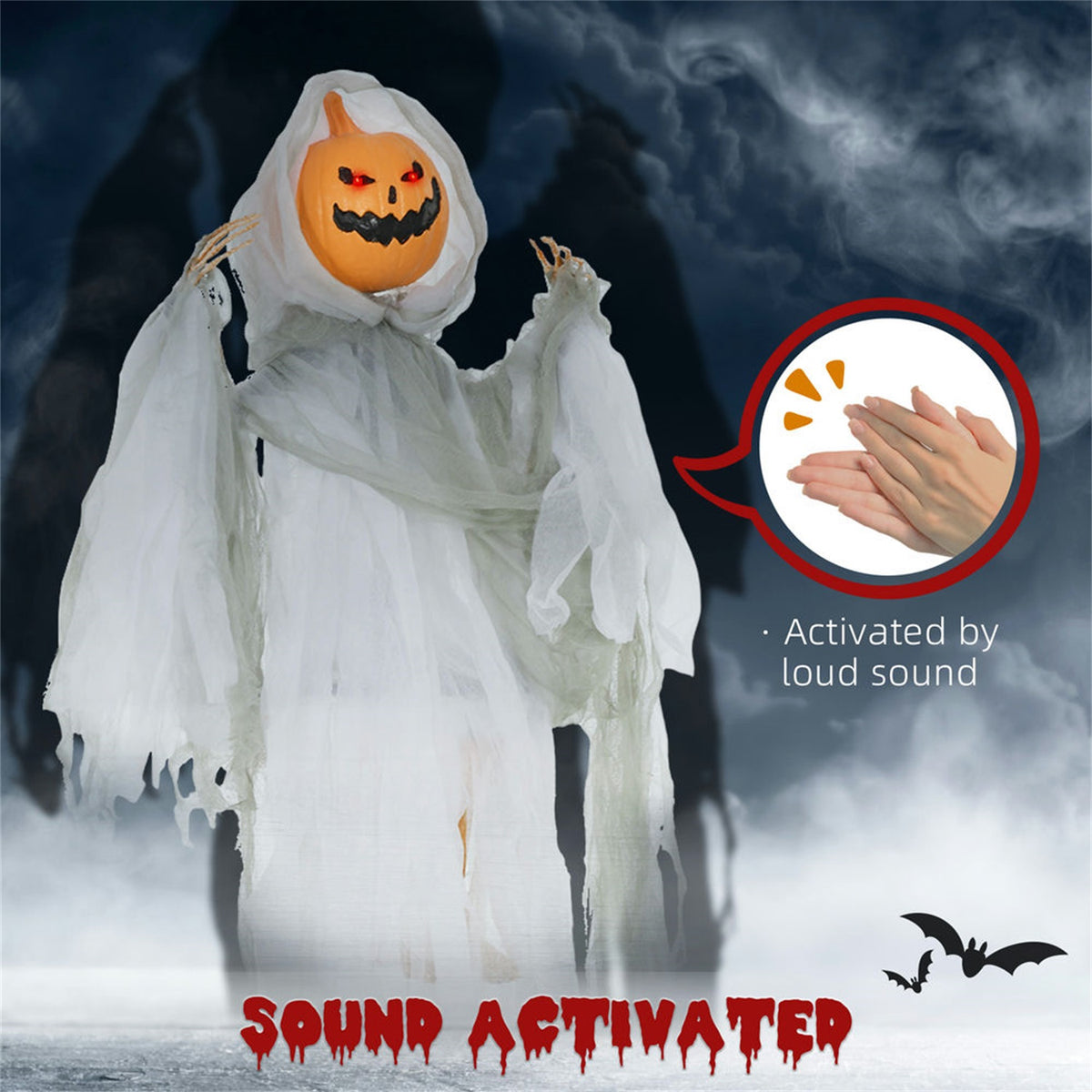 Hommoo Decorations,3.9' Outdoor Halloween Decoration Animatronic Pumpkin Swingman, Sound Activated, Animated Prop with Light Up Eyes,Light Green