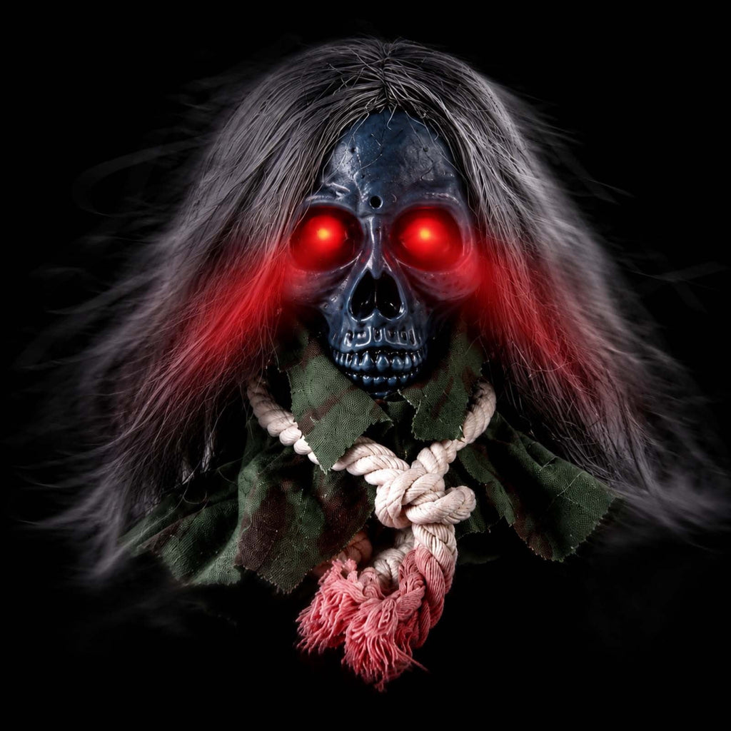 Moving Long Hair Hanging Skull Head Prop, Creepy Animated Halloween Skeleton Decor, Spooky Ornament for House, Party, Indoor Outdoor (Batteries Not Included)