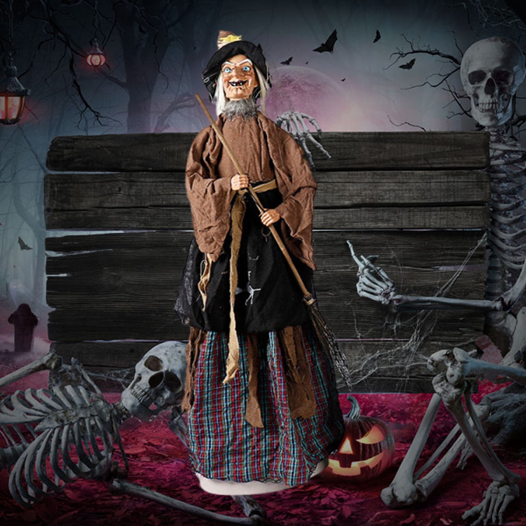 BinKFF 3.9FT Halloween Standing Witch with Scary Sound Effect & Red Eyes, Life Size Animated Scream Witch with Base, Halloween Haunted House Scary Props Party Decoration
