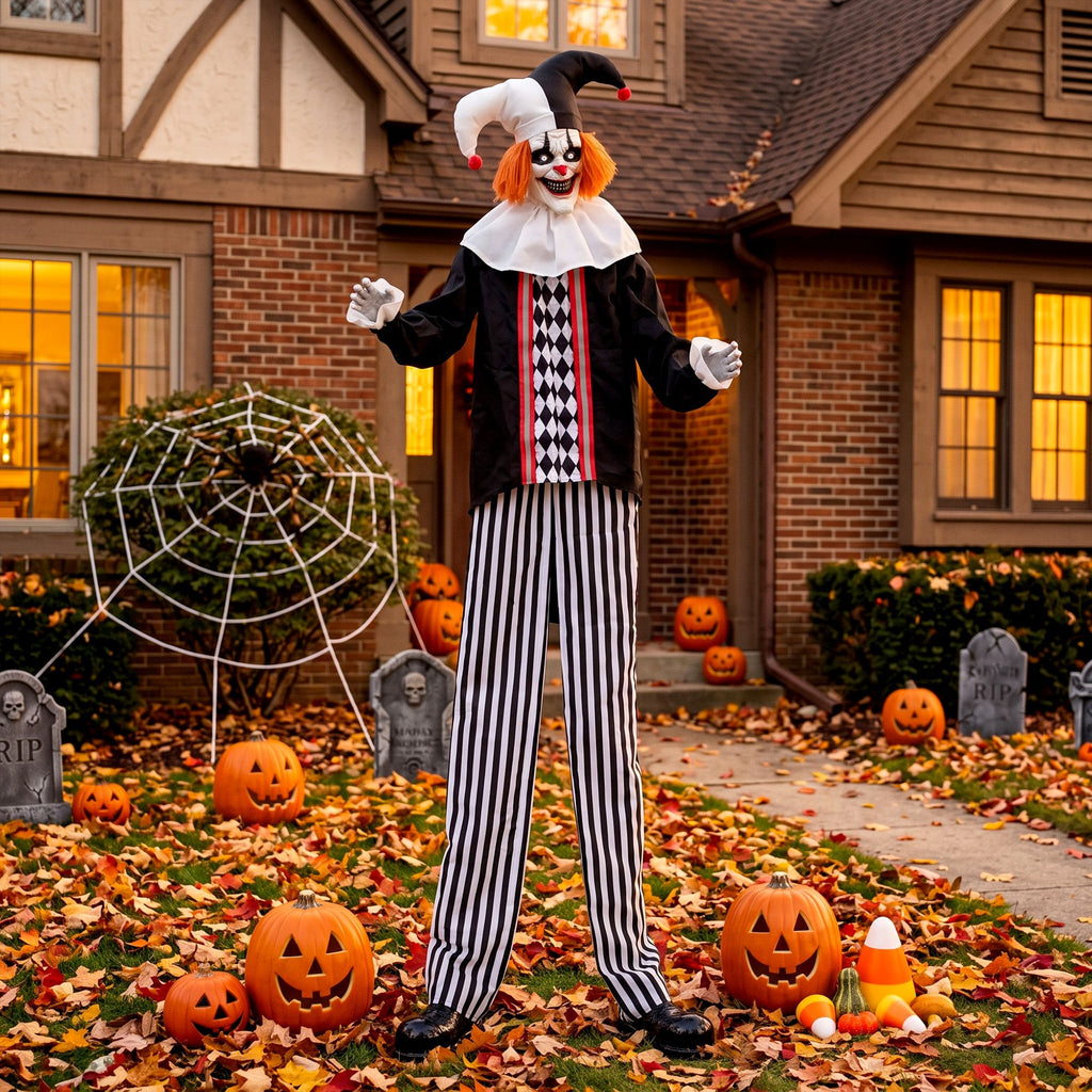 Halloween Animatronic Prop, 106.3 Inch Giant Animated Clown with Sound and Touch Activation, LED Eyes and Moving Arms for Indoor or Covered Outdoor Use