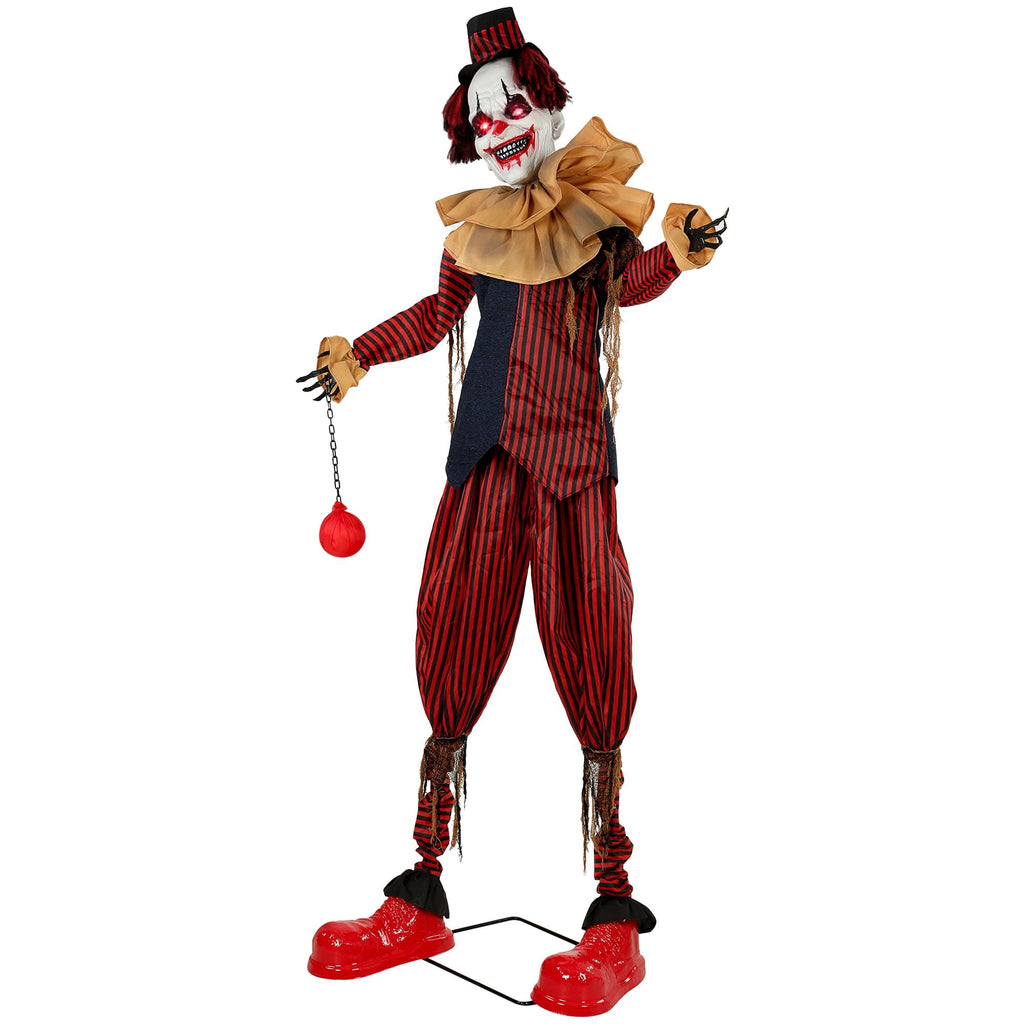 Halloween Decoration Animated Clown, 94.5-Inch Sound and Touch Activated Prop with Red LED Eyes and Moving Arms for Indoor or Covered Outdoor Use
