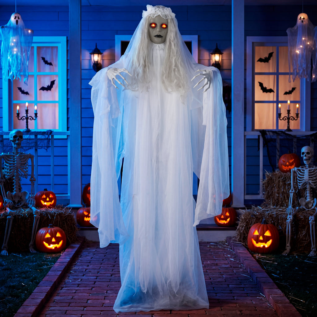 Joyfy 67"(5.6ft) Standing Ghost Large Halloween Decorations Outdoor, Sound-Actived Skeleton with Glowing Eyes & Creepy Sound, Scary Halloween Life Size Animatronics, Haunted House Props for Yard Lawn