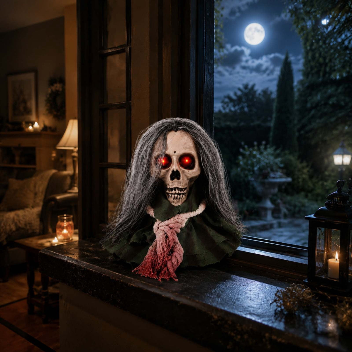 Animated Walking Skull Head with Light-Up Red Eyes Creepy Moving Halloween Prop with Long Grey Hair Horror Music Motorized Resin Decoration for Party Yard Indoor Outdoor Spooky Decor Gift