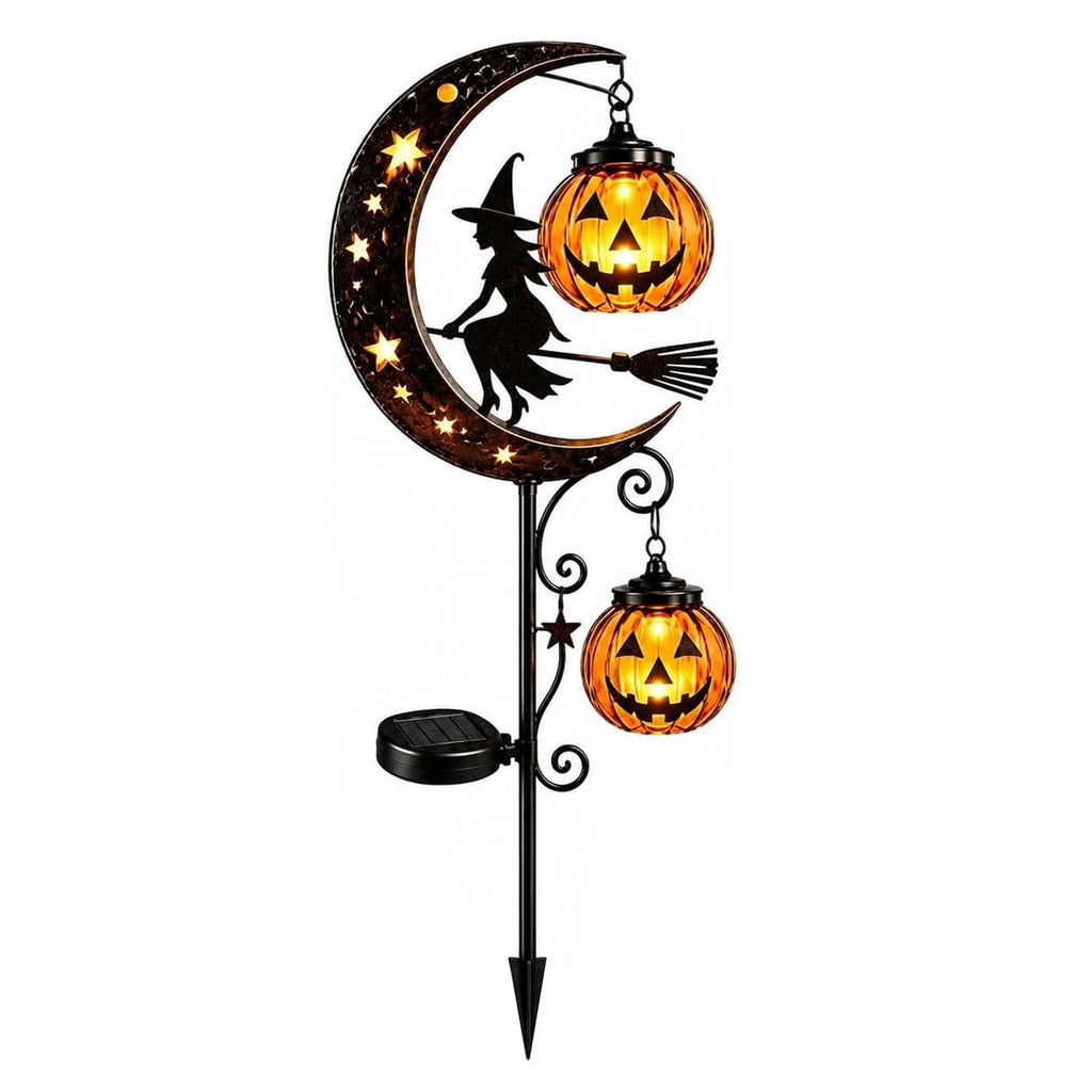 Solar Halloween Metal Moon Black Cat Garden Stake with LED Pumpkin Lantern, Light Up Star Bat Yard Decor Stake, Spooky Outdoor Lawn Pathway Halloween Decoration