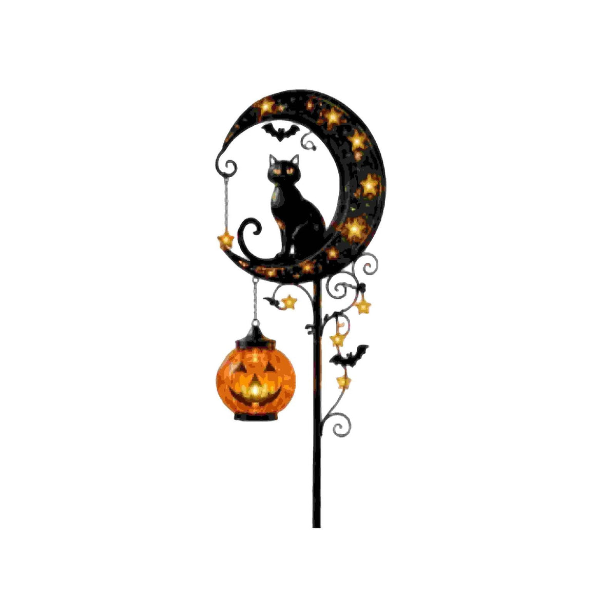 Solar Halloween Metal Moon Black Cat Garden Stake with LED Pumpkin Lantern, Light Up Star Bat Yard Decor Stake, Spooky Outdoor Lawn Pathway Halloween Decoration
