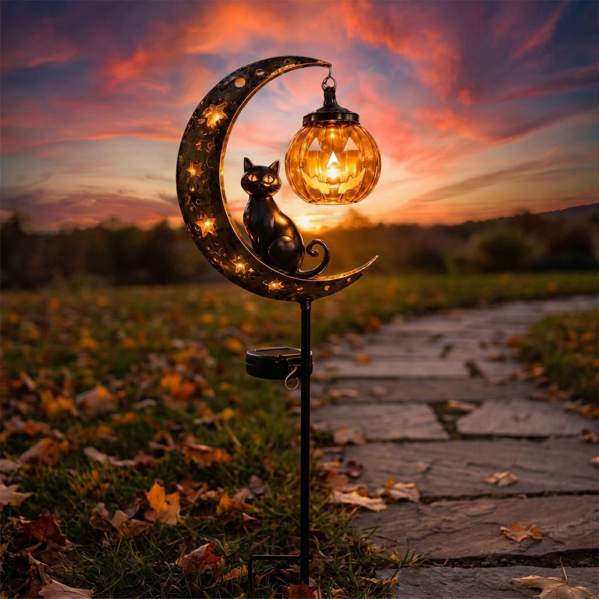 Solar Halloween Metal Moon Black Cat Garden Stake with LED Pumpkin Lantern, Light Up Star Bat Yard Decor Stake, Spooky Outdoor Lawn Pathway Halloween Decoration