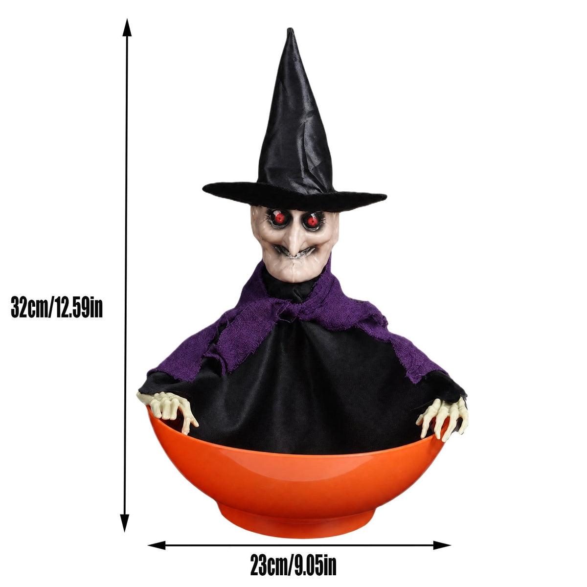 Halloween Animated Witch Candy Bowl Motion Sensor Activated Spooky Candy Holder with Glowing Red Eyes Scary Sounds for Halloween Home Decor