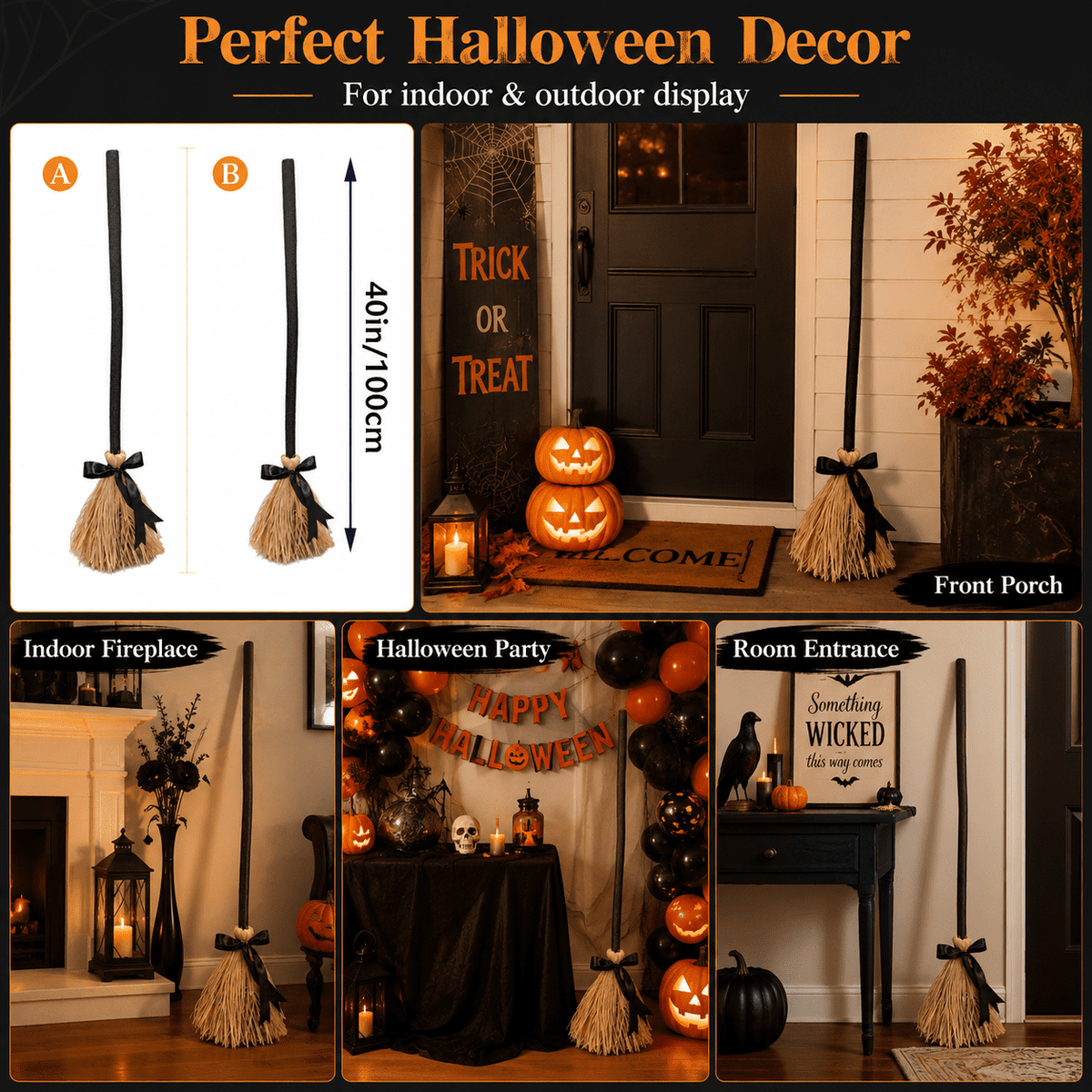 Halloween Animated Light Up Witch Broom, 40 Inch Moving Halloween Broom Prop, Spooky Dancing Decor for Yard Haunted House Party