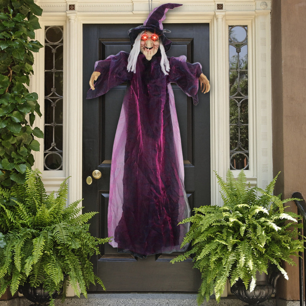 Halloween Animated Talking Witch Decoration Sound Activated, 71 Inch Life Size Hanging Prop with Glowing Red Eyes, Motion Sensor Spooky Indoor Outdoor Haunted House Display