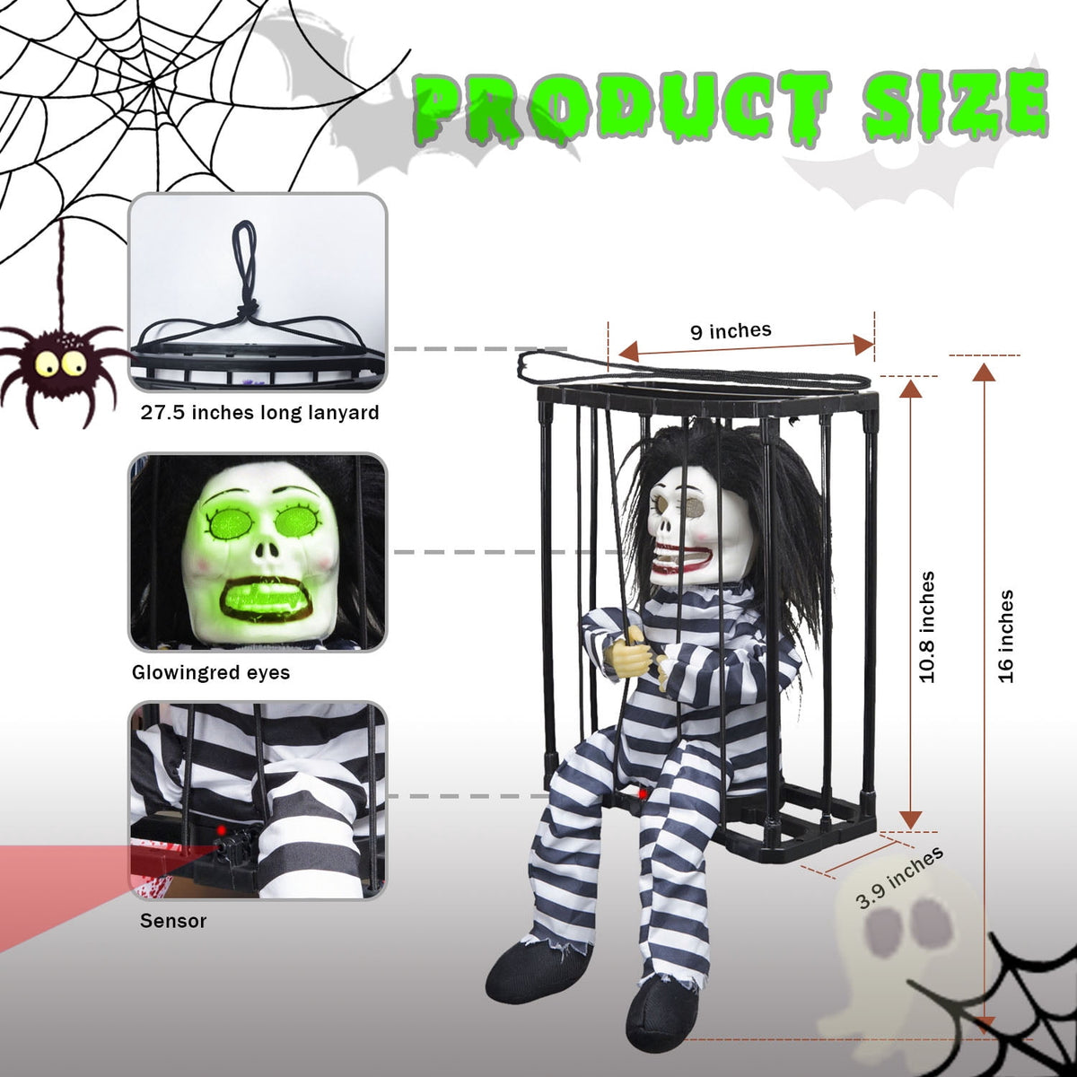 Magotan Screaming Animated Halloween Decorations, Outdoor Indoor Hanging Spooky Halloween Decoration, Scary Skull Cage with Motion Sensor