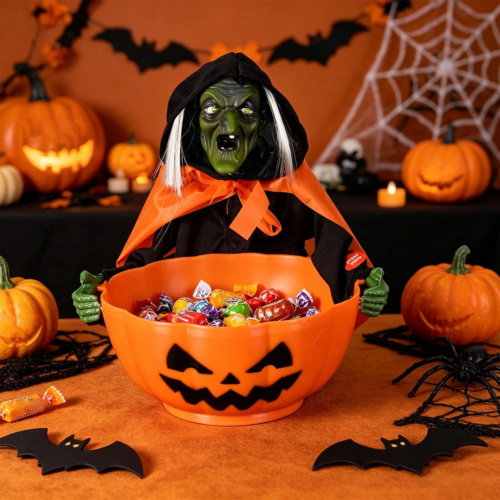 Halloween Candy Bowl, Animated Skeleton Candy Dish with Motion Activated Screaming Witch, Light Up Red Eyes Sound, Festive Serving Bowl for Party, Table, Home Decorative Display, 11"x10.6"