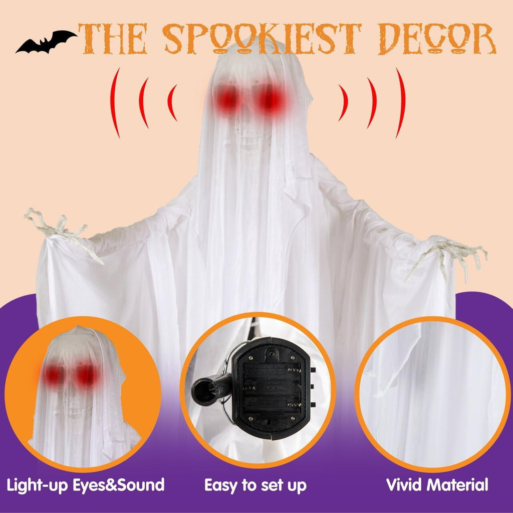 Joyfy 67"(5.6ft) Standing Grim Reaper with Chain, Large Halloween Decorations Outdoor, Life Size Animatronics Skelton, Sound-Actived Party Decor with Creepy Sound & LED Eyes, Scary Haunted House Prop