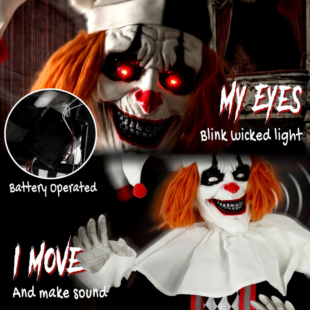 Halloween Animatronic Prop, 106.3 Inch Giant Animated Clown with Sound and Touch Activation, LED Eyes and Moving Arms for Indoor or Covered Outdoor Use