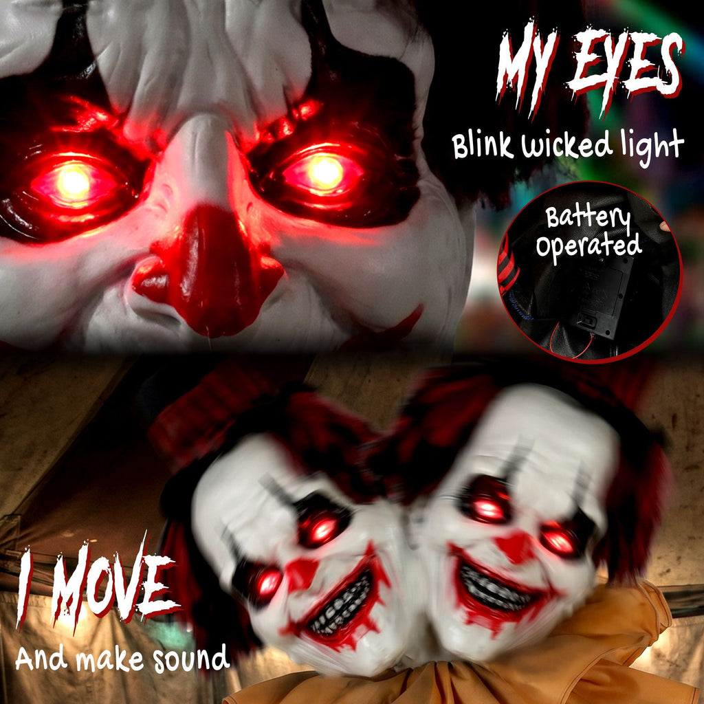 Halloween Decoration Animated Clown, 94.5-Inch Sound and Touch Activated Prop with Red LED Eyes and Moving Arms for Indoor or Covered Outdoor Use