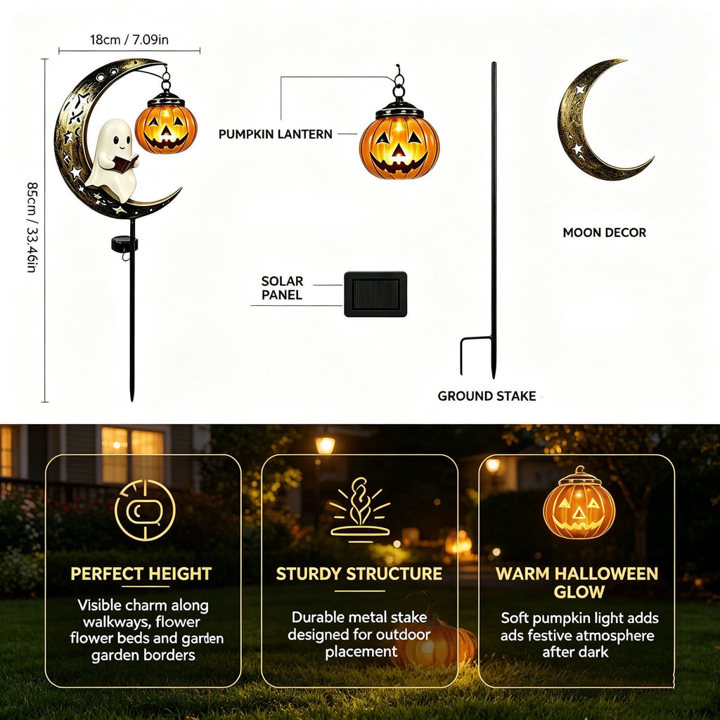 Solar Halloween Metal Moon Black Cat Garden Stake with LED Pumpkin Lantern, Light Up Star Bat Yard Decor Stake, Spooky Outdoor Lawn Pathway Halloween Decoration