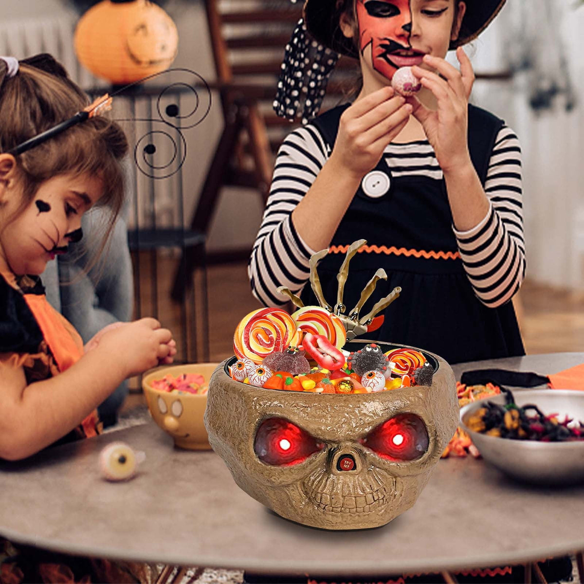 XIA0LE Halloween Candy Bowl Animated Pumpkin Candy Bowl With Moving Skeleton Hand Creepy Sound And Red Eyes For Halloween Decorations Indoors And Trick Or Treats (B)