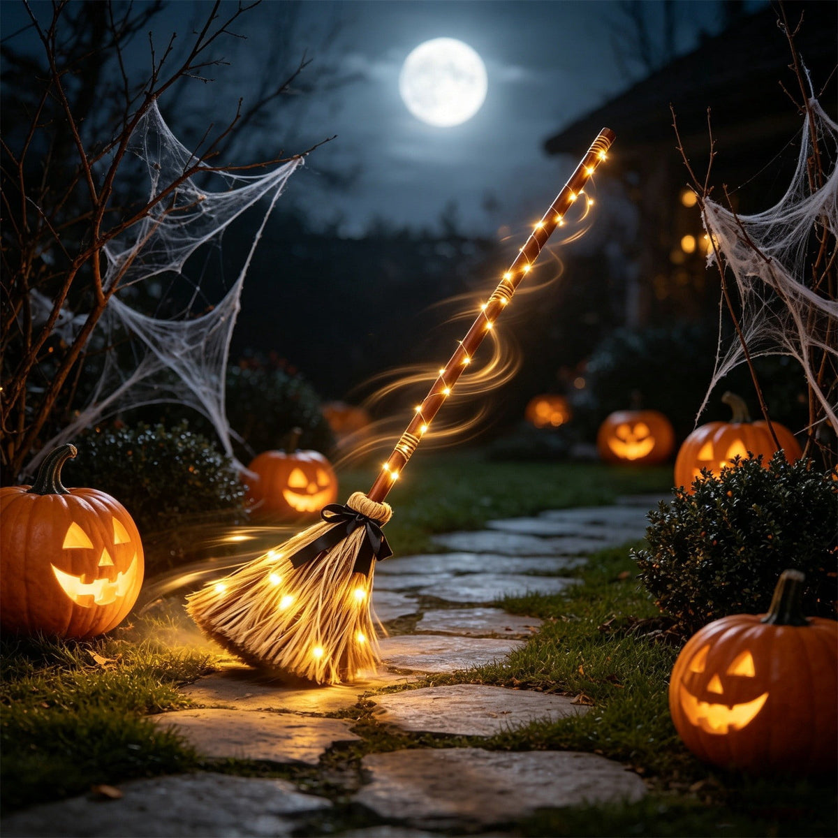 Clearance Gunhay Halloween Witches Broom Decor, 37.4" Animated Floating Broomstick for Spooky Sounds, Light-up Dancing Magic Witch Broom, Rustic Farmhouse Decoration for Indoor Outdoor