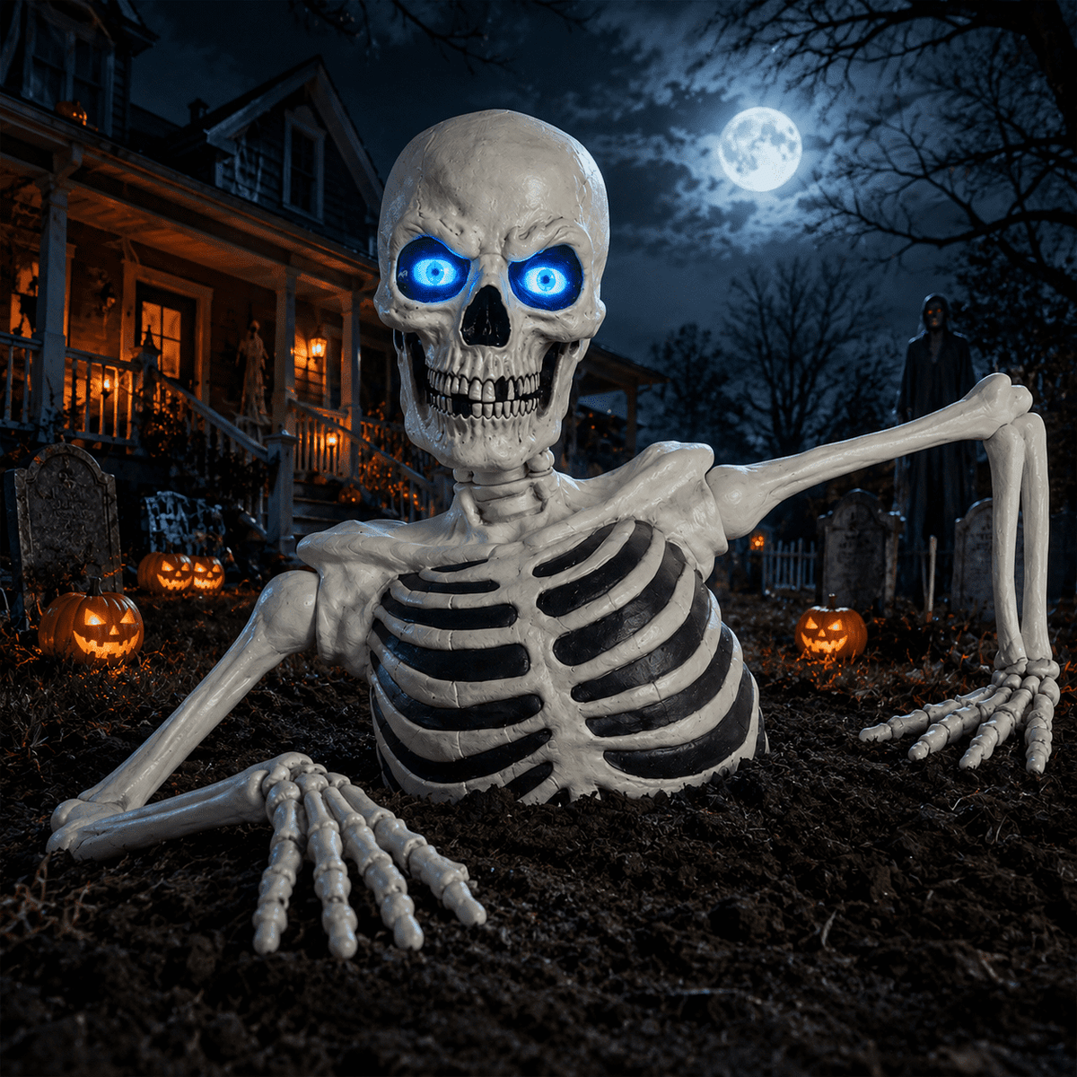 Clearance Halloween Giant Skeleton Decoration, Outdoor Yard Ground Breaking Skeleton Prop with LCD Animated Eyes and Adjustable Arms, Spooky Decor for Lawn Porch Patio