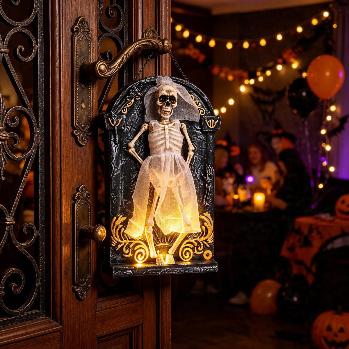 Halloween Animated Skeleton Tombstone Door Hanging Decor, Light Up Moving Skull Ornament with Warm LED, Gothic Front Door Wall Prop for Party Home