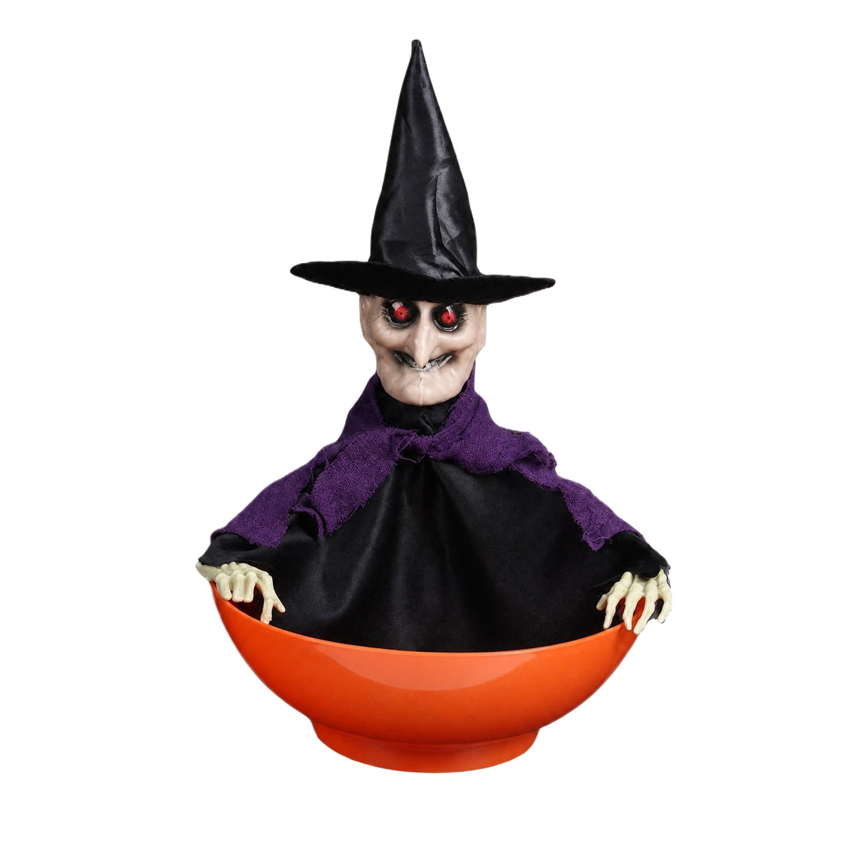 Halloween Animated Witch Candy Bowl Motion Sensor Activated Spooky Candy Holder with Glowing Red Eyes Scary Sounds for Halloween Home Decor
