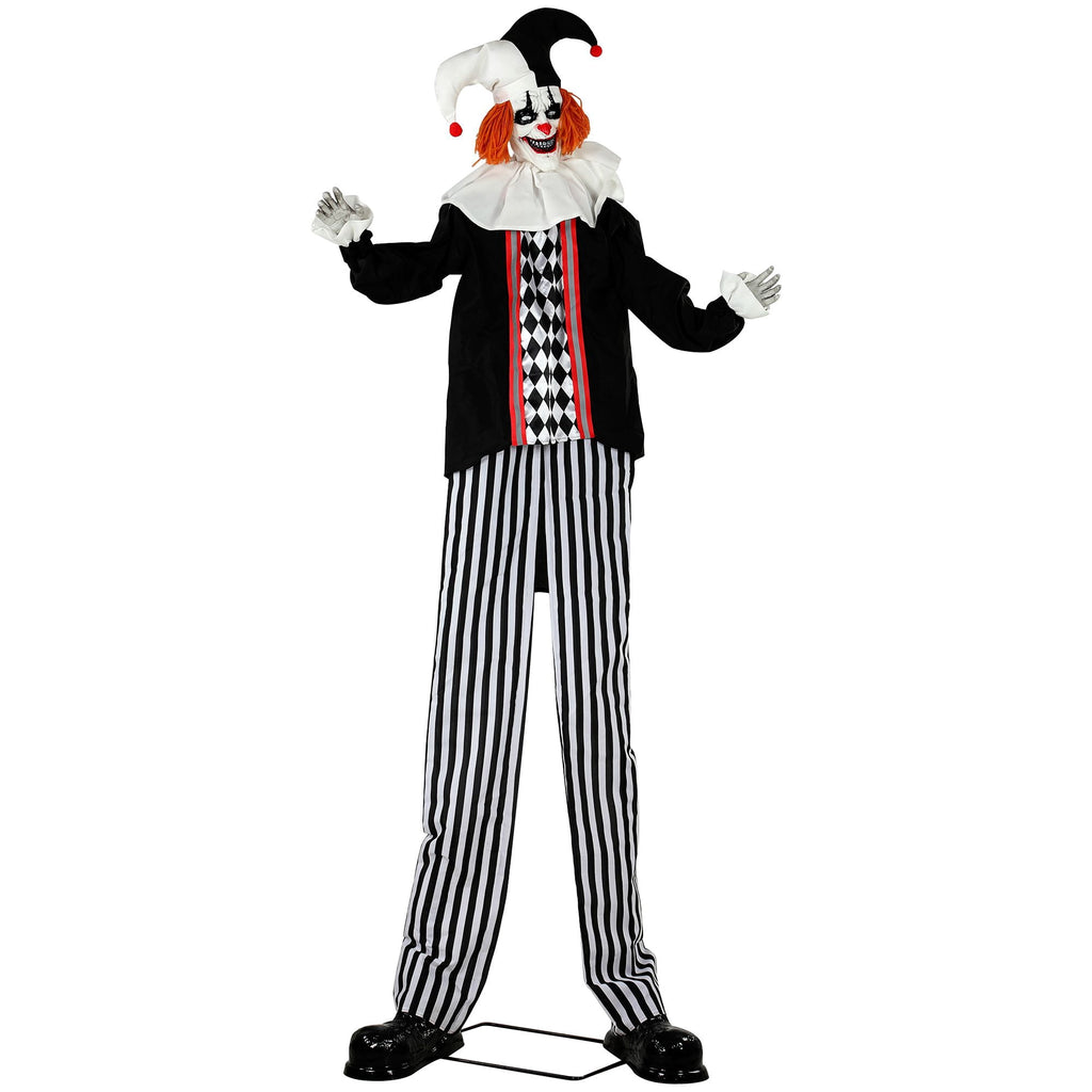 Halloween Animatronic Prop, 106.3 Inch Giant Animated Clown with Sound and Touch Activation, LED Eyes and Moving Arms for Indoor or Covered Outdoor Use