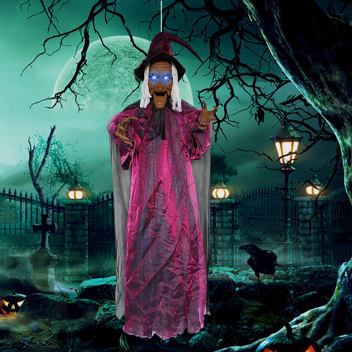 Halloween Animatronics Witch Clearance, Voice Activated Purple Escape Haunt Halloween House Décor & Fright Fest Prop, Life Size Animated Halloween Decoration Outdoor
