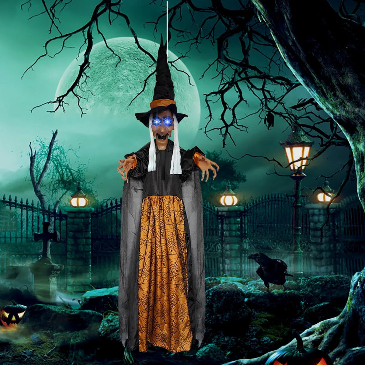 Halloween Animatronics Witch Clearance, Voice Activated Purple Escape Haunt Halloween House Décor & Fright Fest Prop, Life Size Animated Halloween Decoration Outdoor